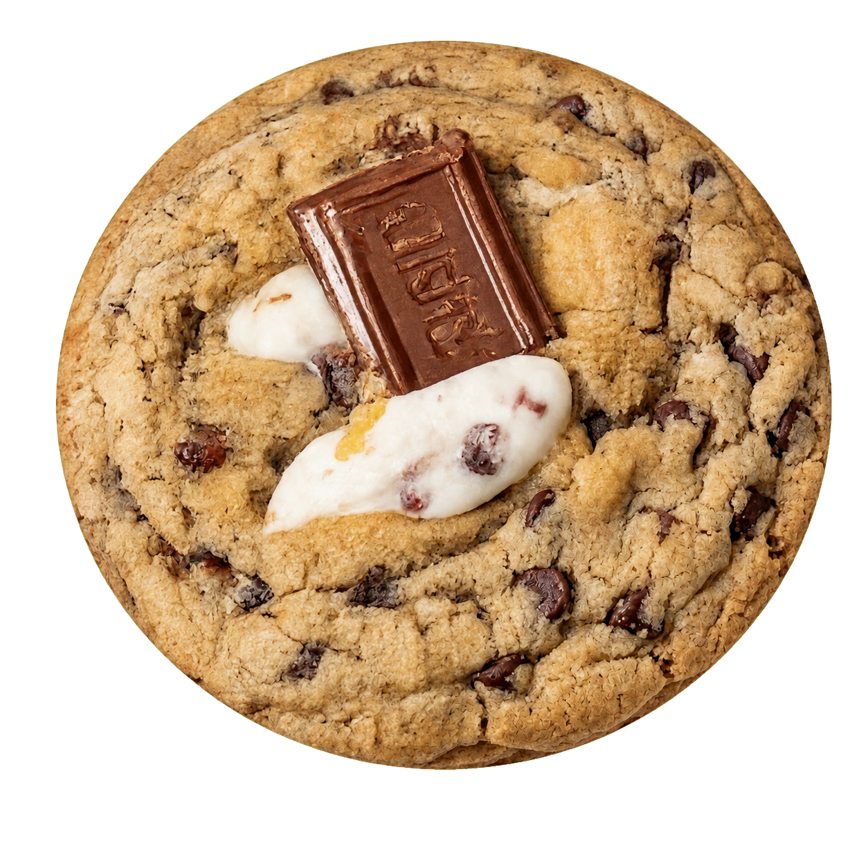 Chocolate chip cookie topped with chocolate pieces
